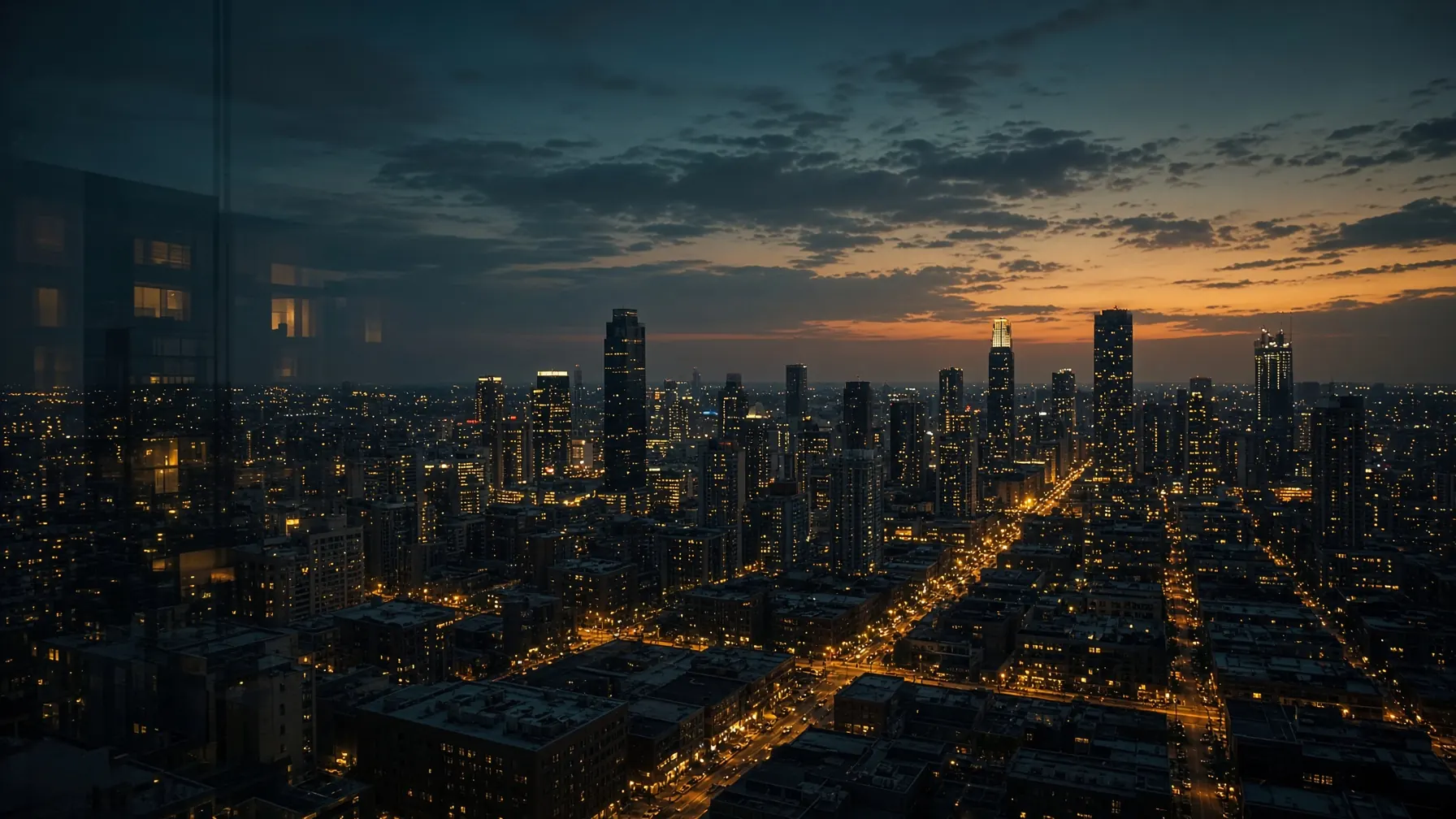 A city skyline at dusk