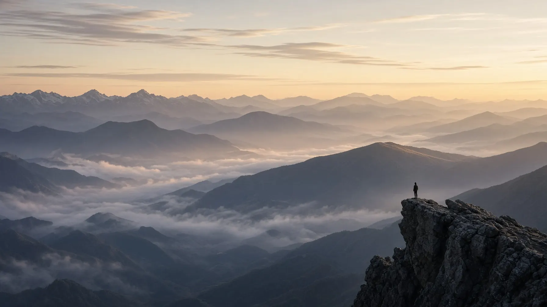 Figur auf einem Felsen im Gebirge bei Sonnenaufgang